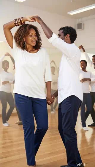 Salsa lady in right turn with gentleman in the studio