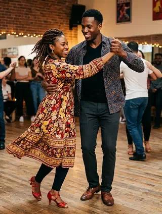 A couple dressed in african attire dancing in social night out.